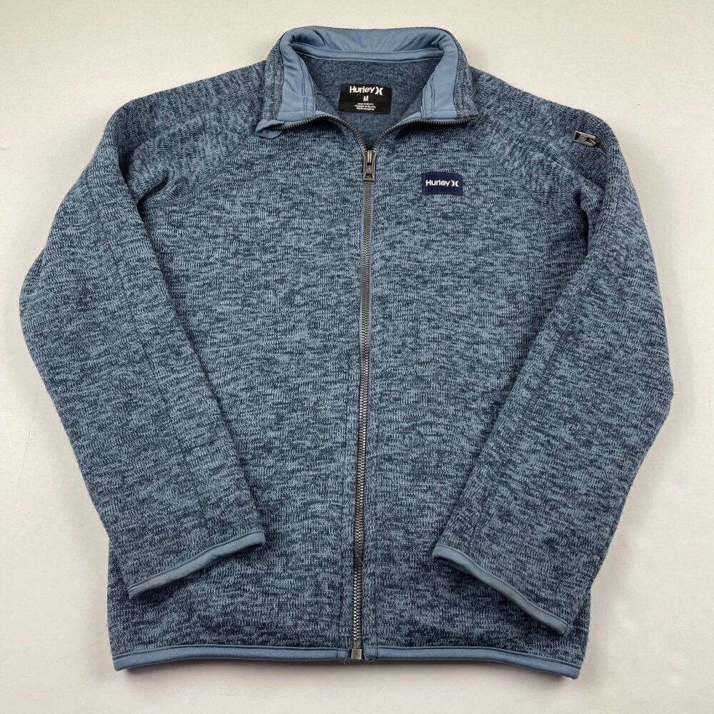 Hurley Full Zip Knit Jacket Youth M Blue Sweater Fleece Lined Arm Pocket